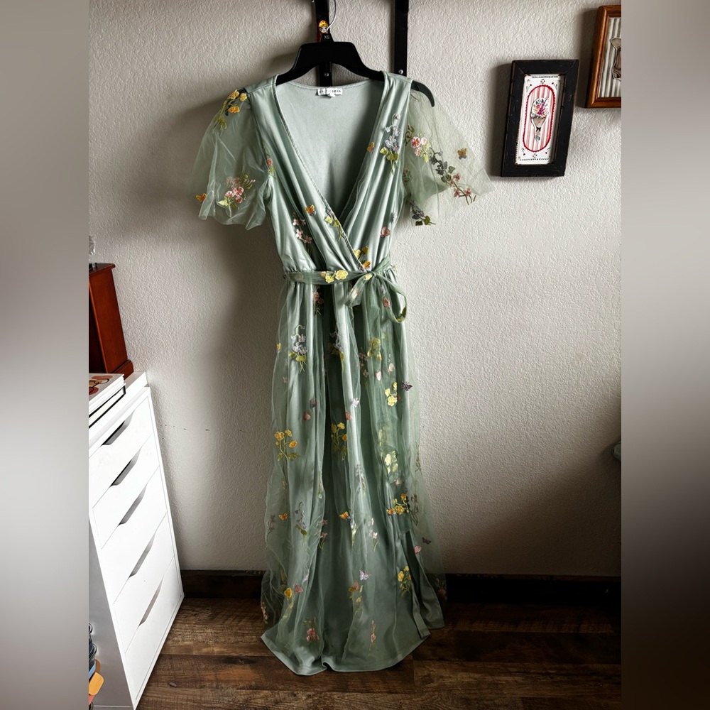 Floral Embroidered Green Maxi Dress